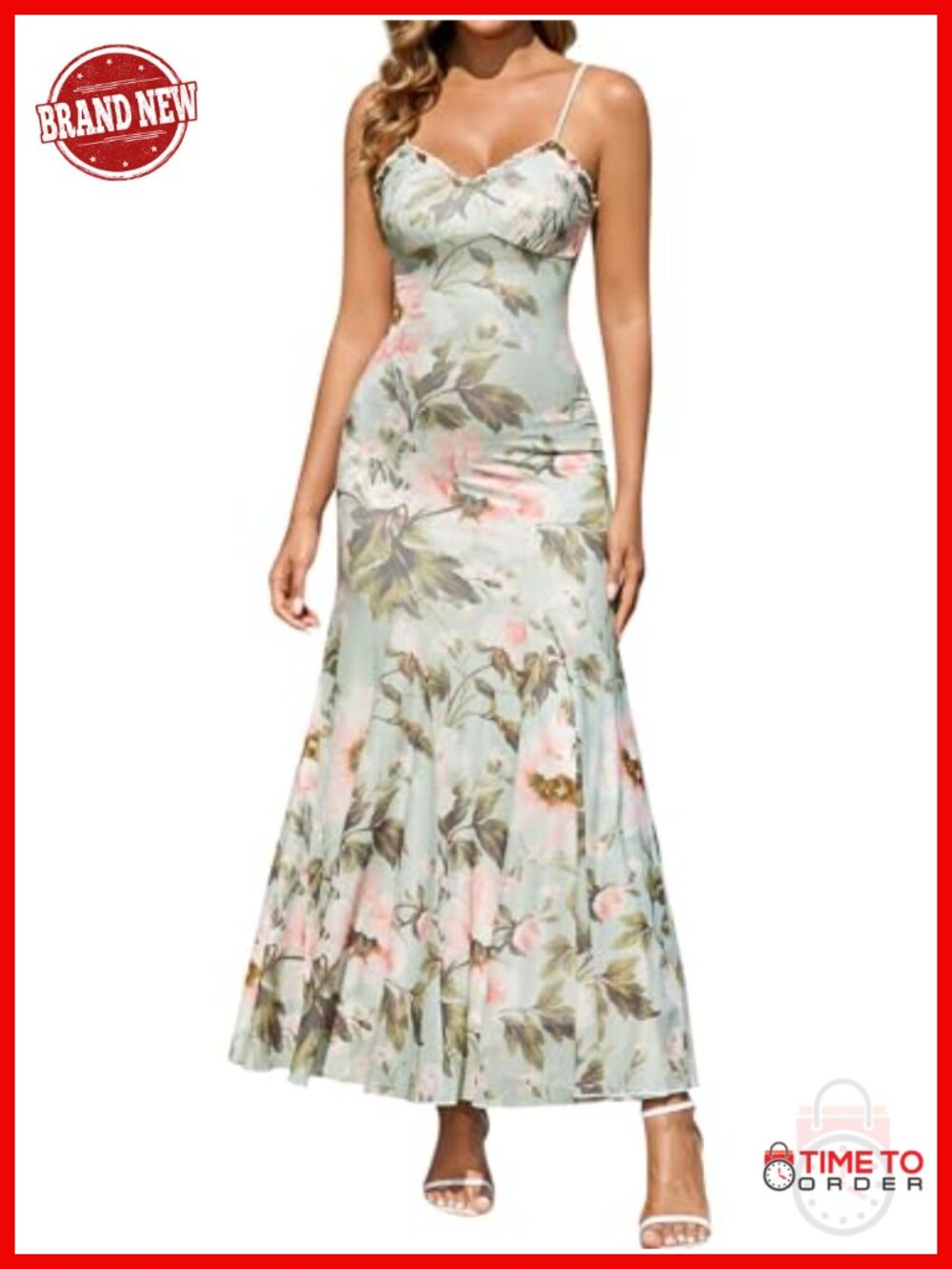Floral Maxi Dress Lace Spaghetti Strap Flowy Ruffle Mesh Sundress